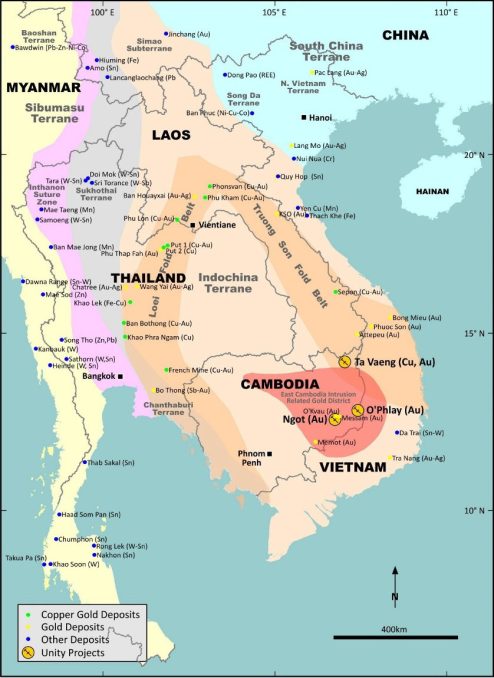 Location of Unity Metals’ gold and copper-gold projects in Cambodia and Thailand